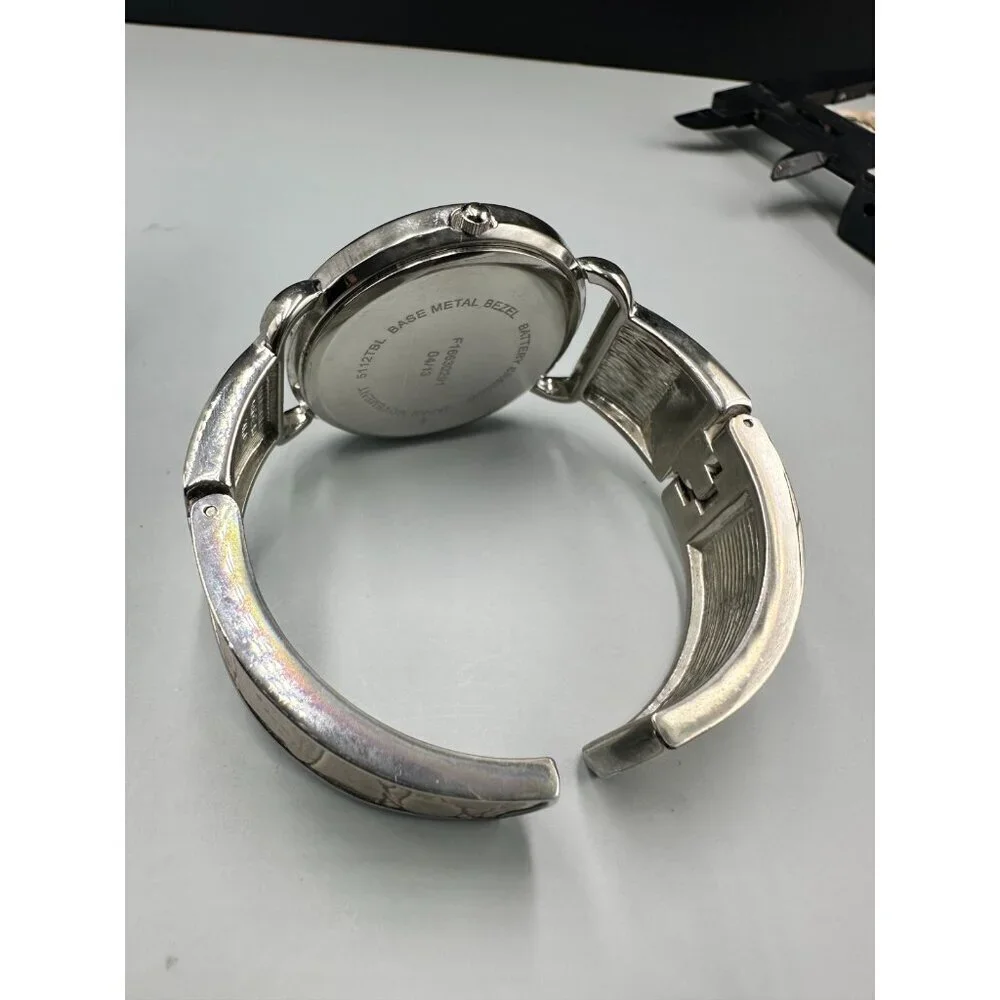 3/$30 Silver Tone Women Cuff Watch Rhinestone Bezel Arabic Numerals Works 7